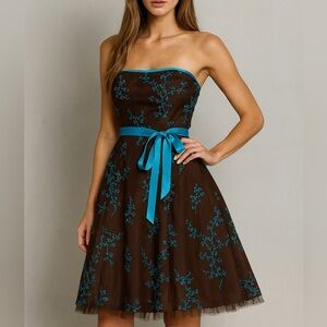 Vintage Y2K Strapless Gunne Sax Brown Teal Formal Party Dress Size 5 XS